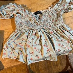 Derek Heart Mint Green Off-Shoulder Smocked Floral Peplum Crop Top